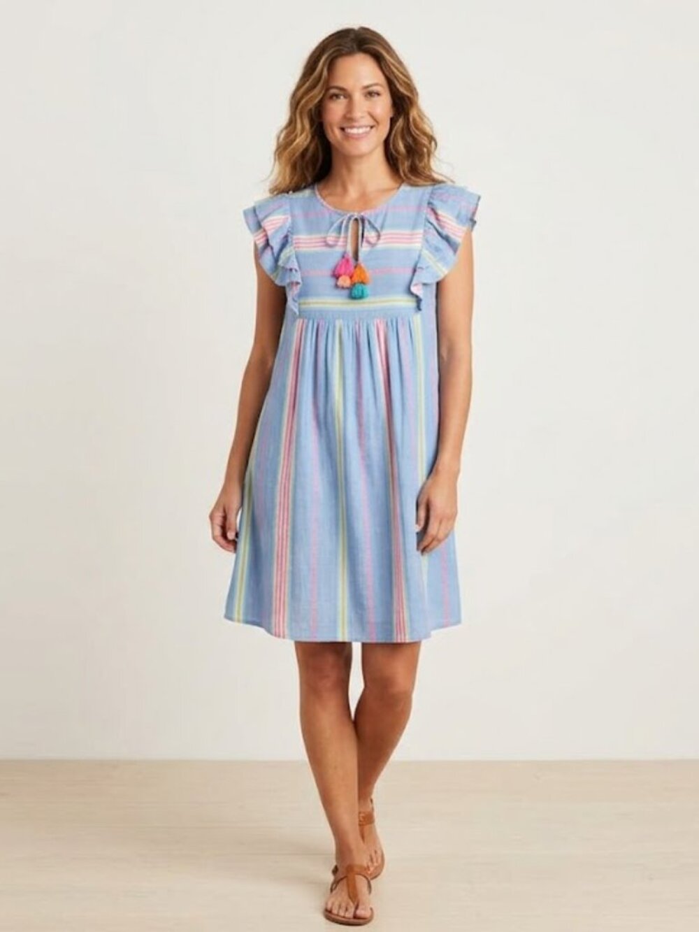 Vineyard Vines Blue Striped Ruffle Dress with Tassels